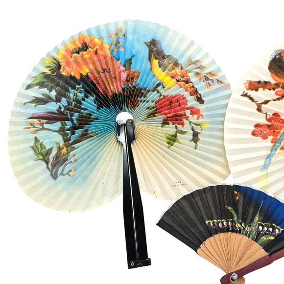 Vintage Asian Paper & Bamboo Hand Fans Set With Bird & Floral Designs je186 - Picture 2 of 12